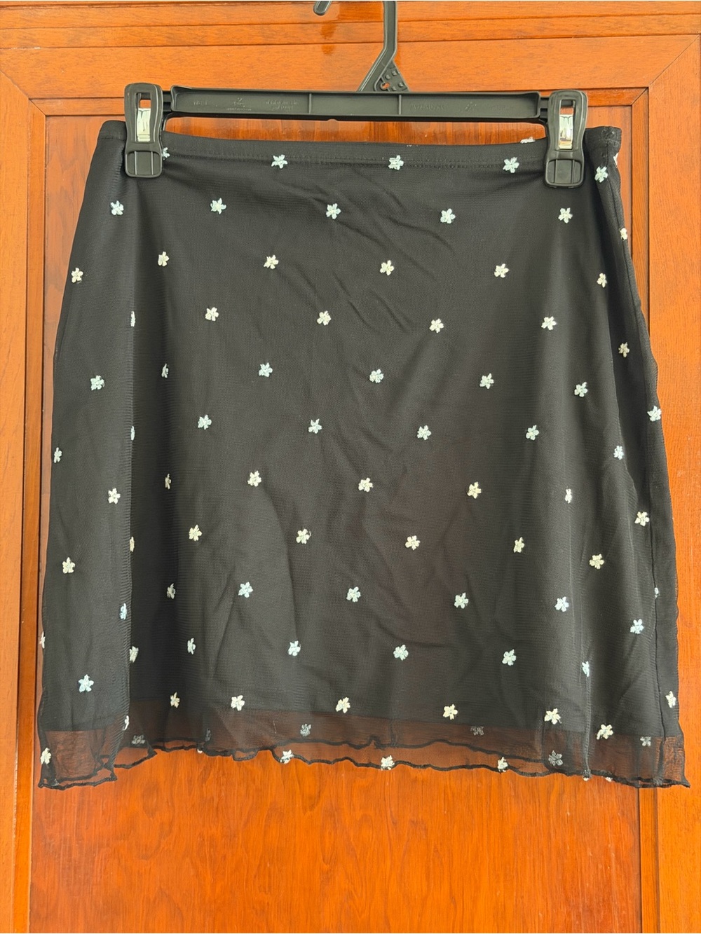 Women's Black Mesh Mini Skirt with Baby Blue and White Floral Embroidery